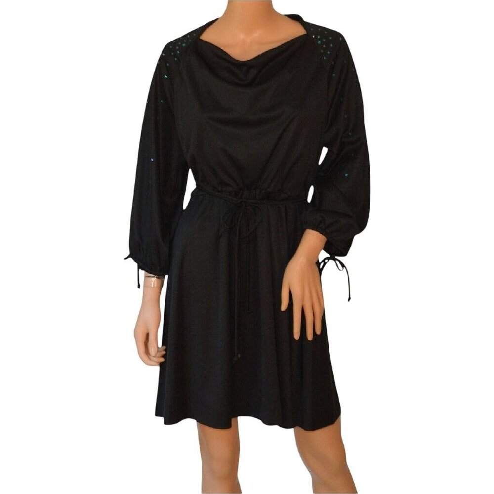 Vintage‎ Black Sequin Trim Cocktail Dress 70s 80s Party Secretary Mini Dress